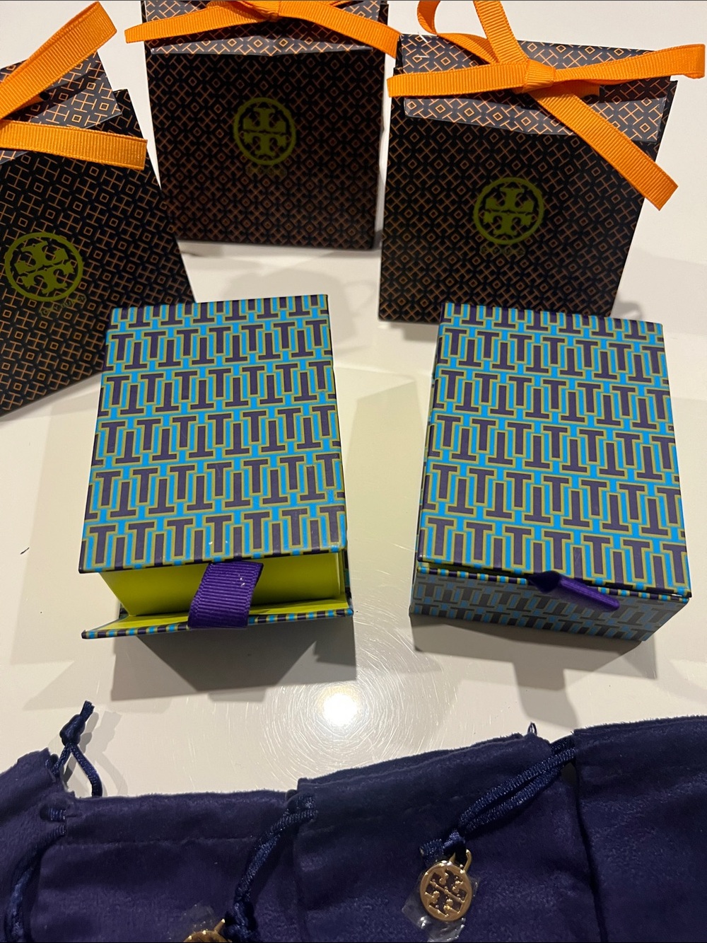 Tory Burch Gold Logo Charms with Orange, Blue and Purple Packaging - Picture 7 of 8